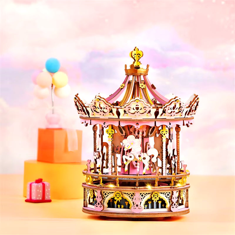 3D Wooden Puzzle 336Pcs Rotatable DIY Romantic Carousel Game Gift for Children Kids Adult AMK62 Assembly Music Box Toy