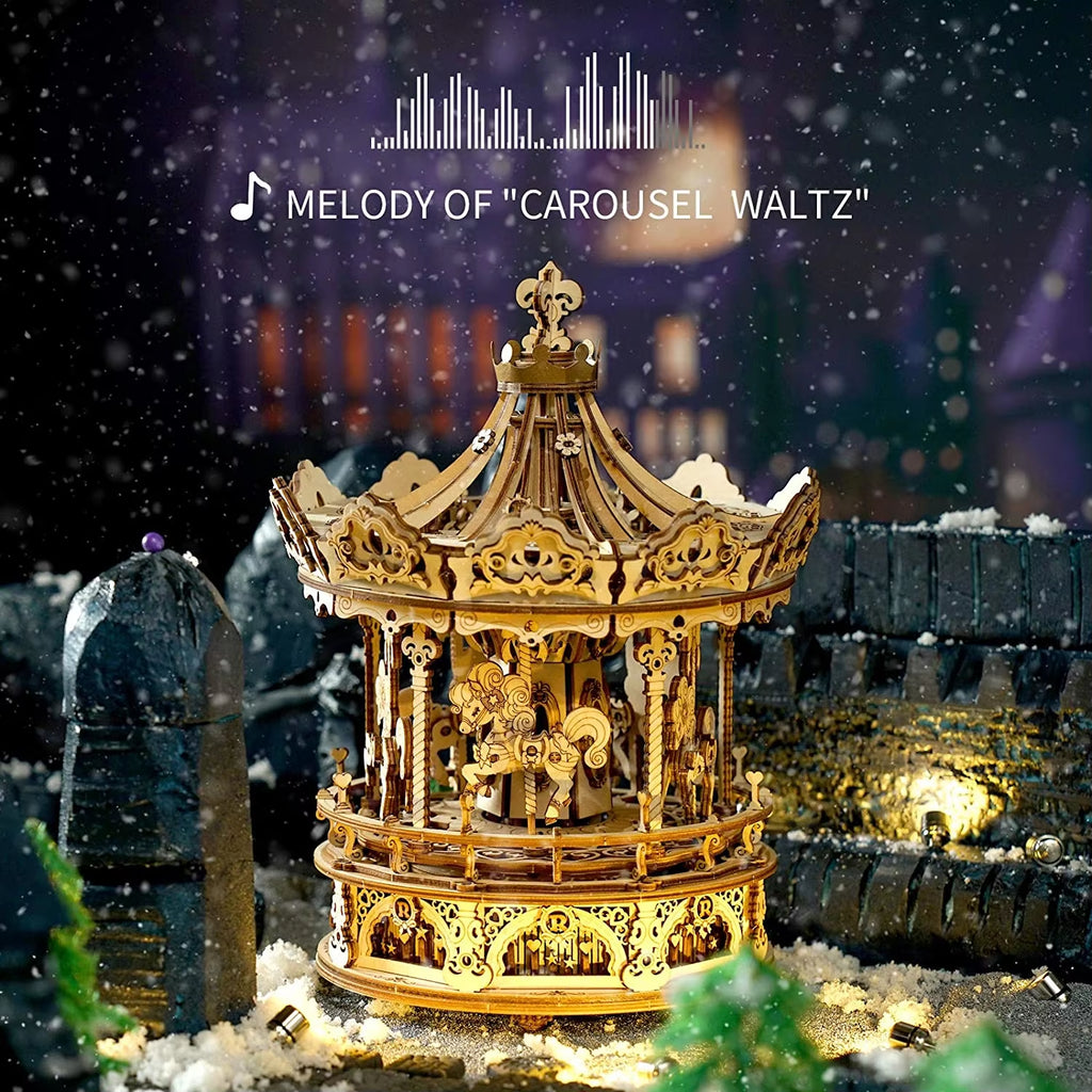 3D Wooden Puzzle 336Pcs Rotatable DIY Romantic Carousel Game Gift for Children Kids Adult AMK62 Assembly Music Box Toy