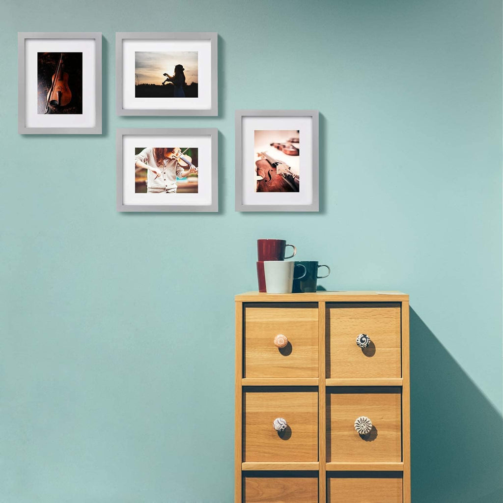 8X10 Picture Frames 4 Pack Solid Wood Frames Covered by Plexiglass for Pictures 4X6 or 5X7 with Mat or 8X10 without Mat, Photo Frames for Table Top and Wall Display, Light Gray