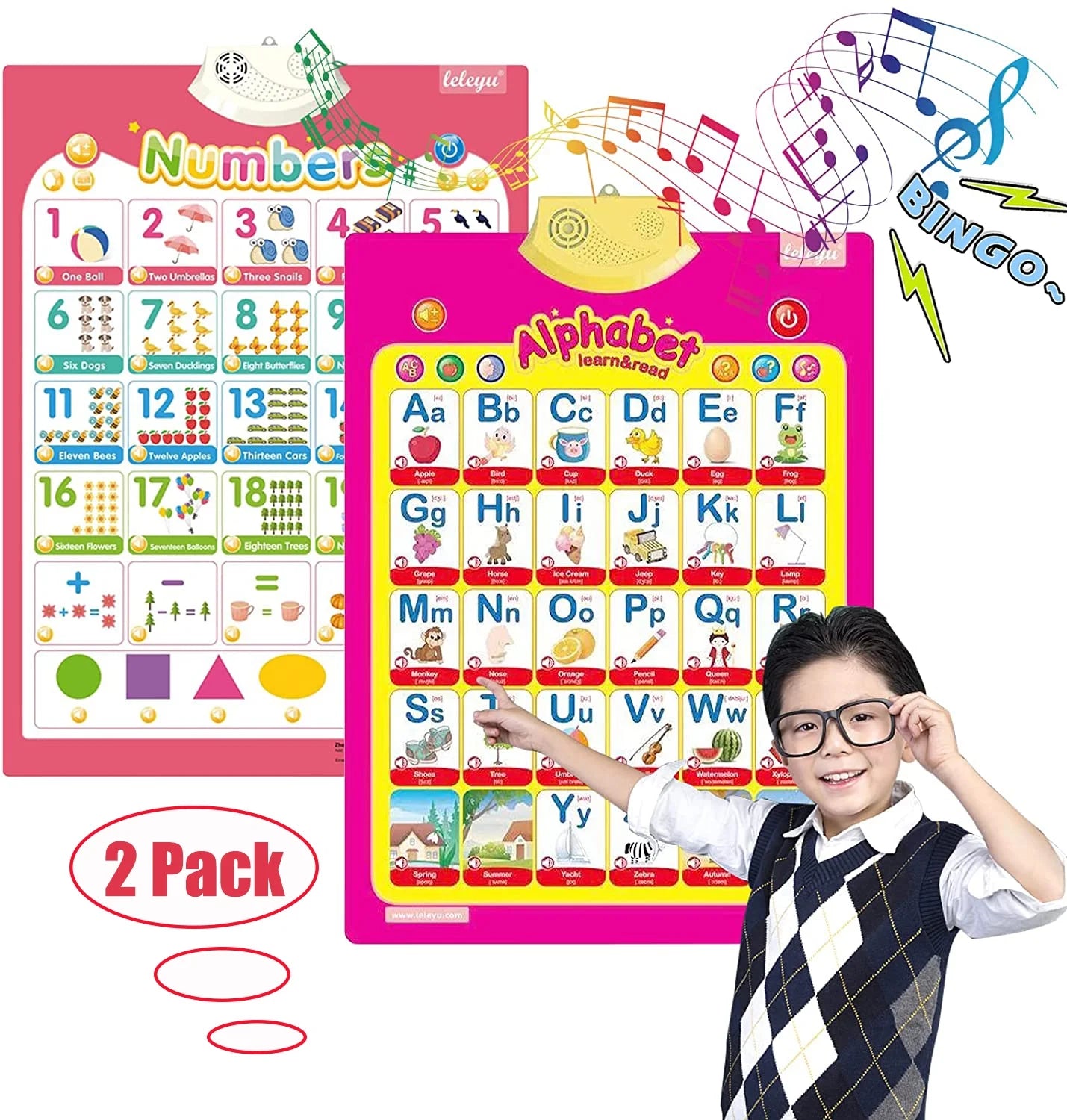 2Pcs Electronic Interactive Alphabet Wall Chart for Kids, ABC Learning Learning Toys for Toddlers, Talking ABC, 123S, Music, Words & Shapes Poster, Preschool Education Gifts for Kids