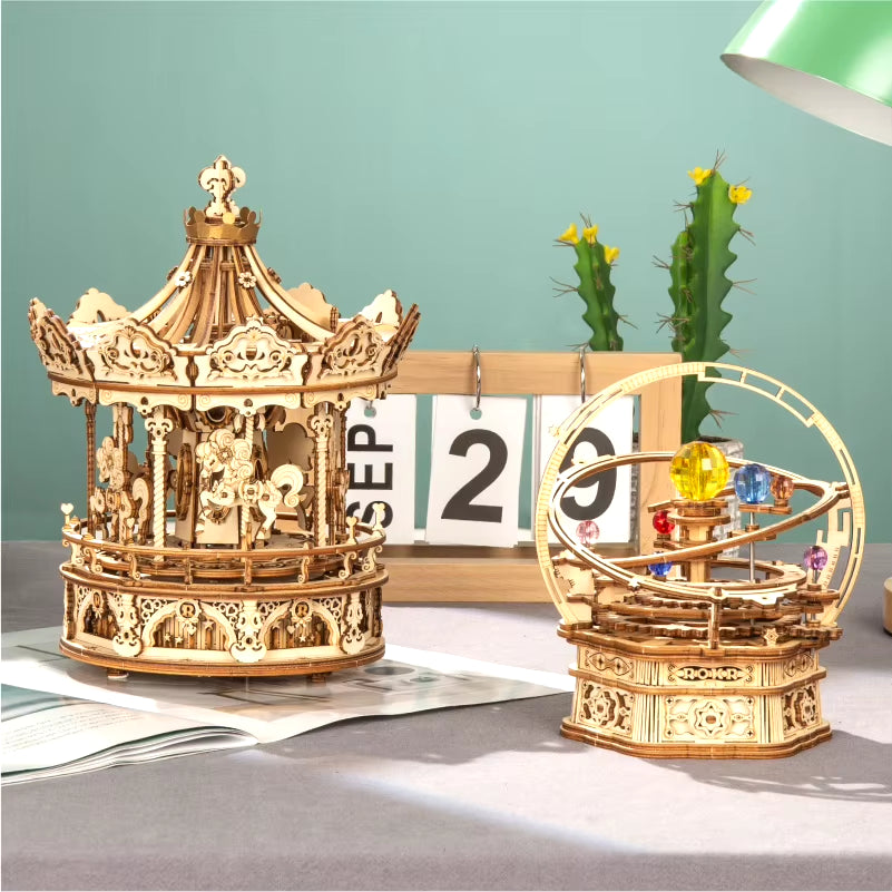 3D Wooden Puzzle 336Pcs Rotatable DIY Romantic Carousel Game Gift for Children Kids Adult AMK62 Assembly Music Box Toy