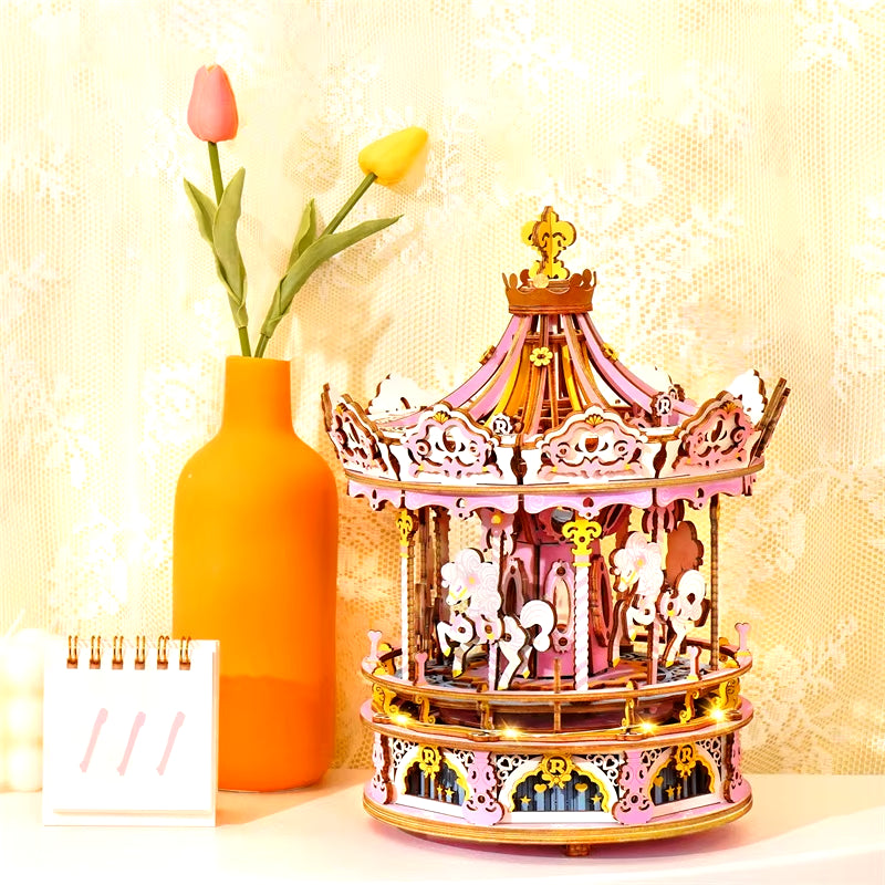 3D Wooden Puzzle 336Pcs Rotatable DIY Romantic Carousel Game Gift for Children Kids Adult AMK62 Assembly Music Box Toy