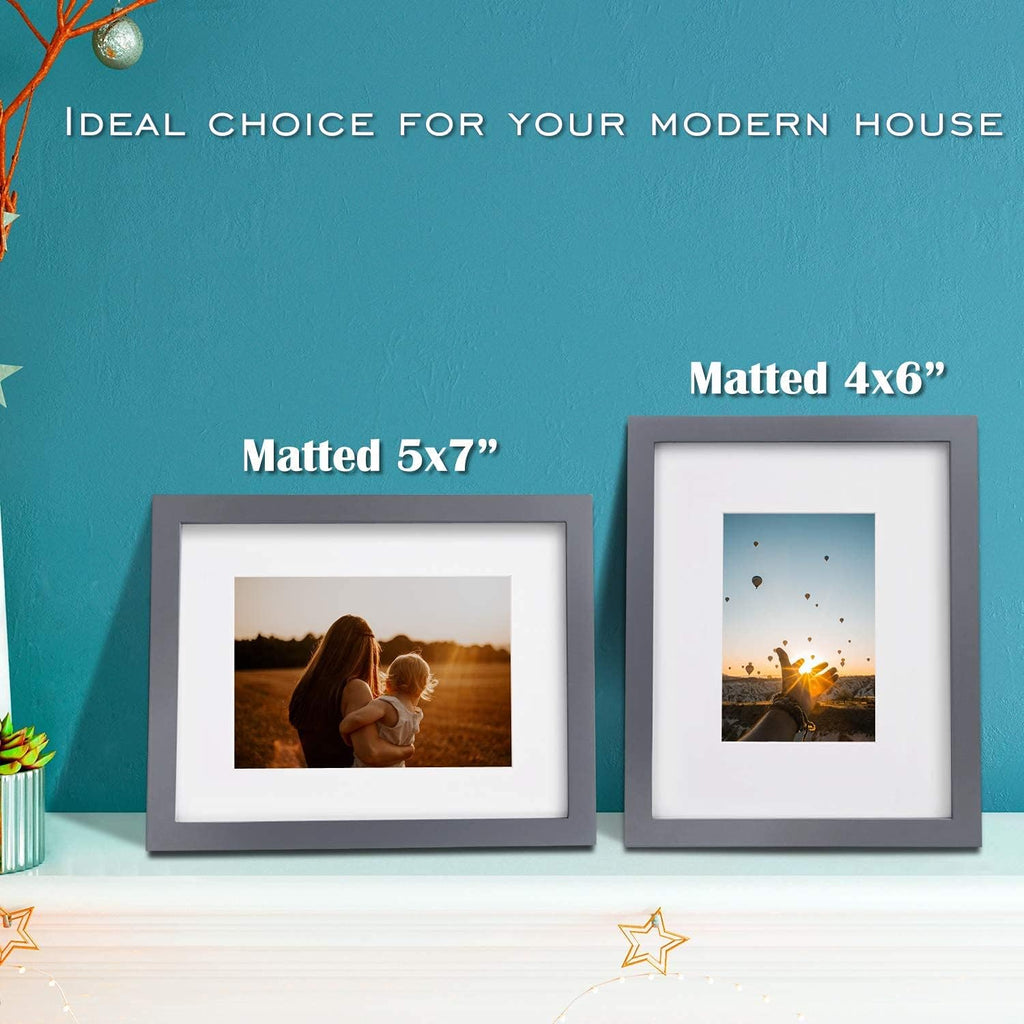 8X10 Picture Frames 4 Pack - Wood Frames Covered by Plexiglass for Pictures 4X6 or 5X7 with Mat or 8X10 without Mat, Photo Frames for Table Top and Wall Display, Dark Gray